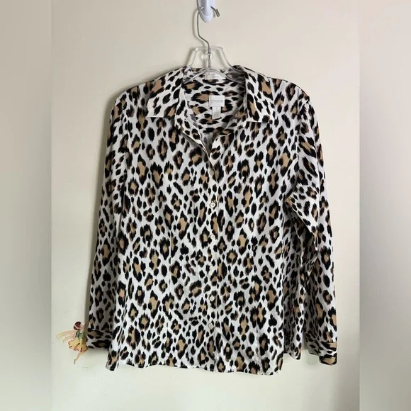 Chico's Blouse Top Size 1(M) Animal/Leopard Print Button-Down Long sleeve Cotton - Picture 3 of 11